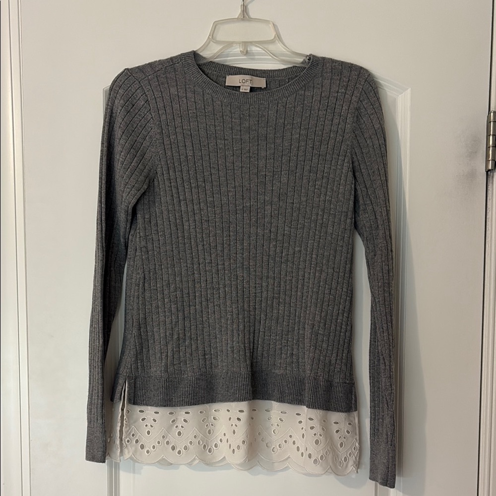 LOFT Gray Crew Neck Sweater with Lace Detail